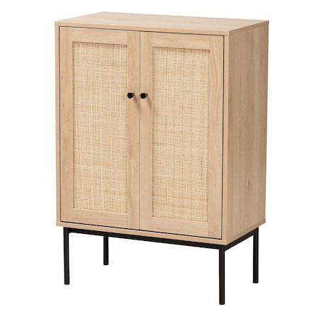 Baxton Studio Sherwin Mid-Century Modern Light Brown and Black 2-Door Storage Cabinet with Woven Rattan Accent 233-13223-ZORO